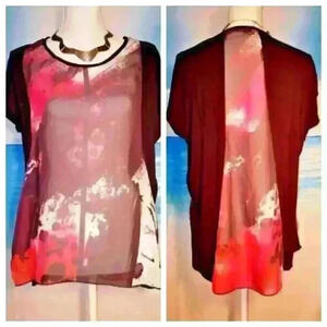 VANILLA SUGAR Woman's BLACK/RED Top Hi/Low Hem SHEER Lightweight Shirt size Lg